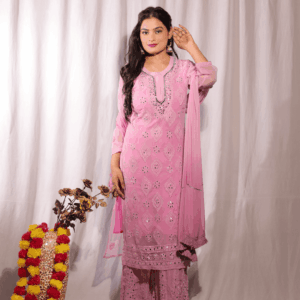 Women’s Pink Mirror Work 4-Piece Kurti Set with Inner, Plazo & Dupatta
