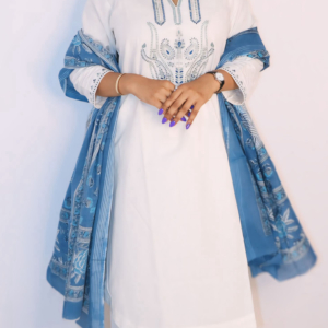 White & Blue Embroidered Suit Set with Dupatta