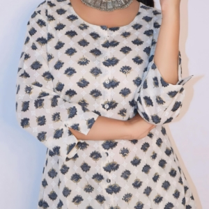 White Cotton Kurta Set with Handblock Print