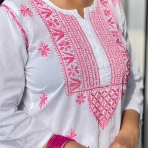 White & Pink Hand-Embroidered Chikankari Kurti