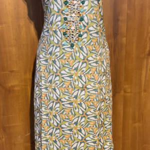 Pastel Green & Mustard Printed Suit Set with Mirror Work