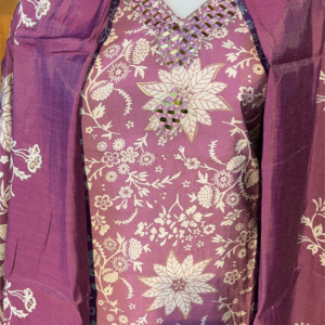 Elegant Suit Set with White Floral Print and Mirror Work