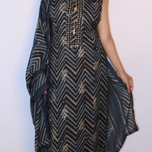Navy Blue Chevron Print Sleeveless Suit Set with Dupatta