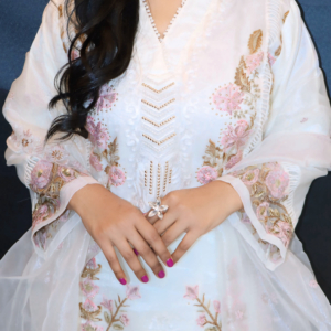 White Pastel Floral Embroidered Chikankari Suit Set with Dupatta